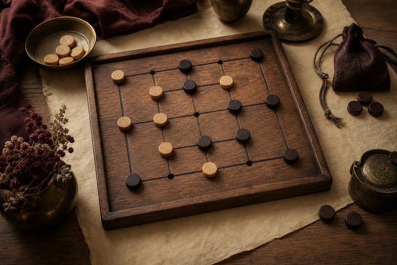 Hölzernes Mühle-Spielbrett mit hellen und dunklen Spielsteinen