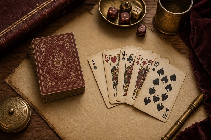 Aufgefächerte Spielkarten eines deutschen Blatts auf grünem Tisch