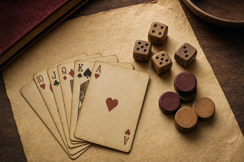 Aufgefächerte Spielkarten, Würfel und Spielsteine auf einem Tisch
